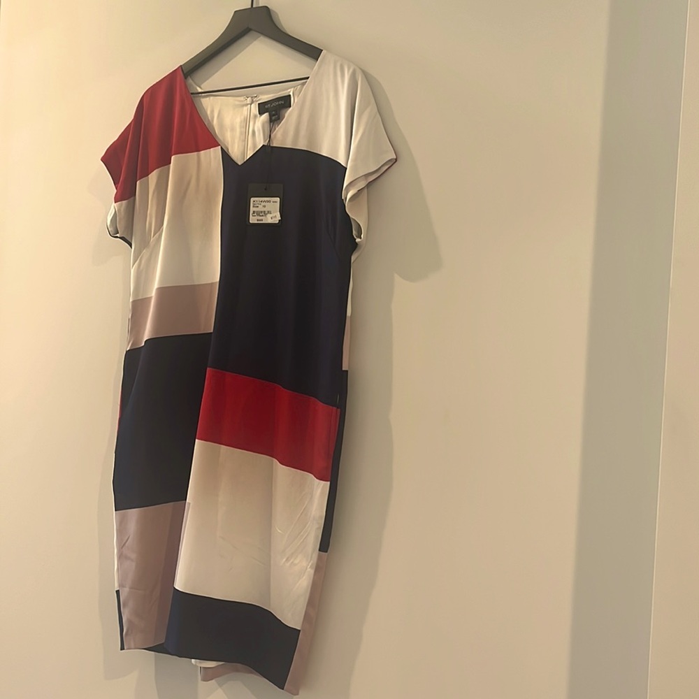 St John red & blue color block shift dress